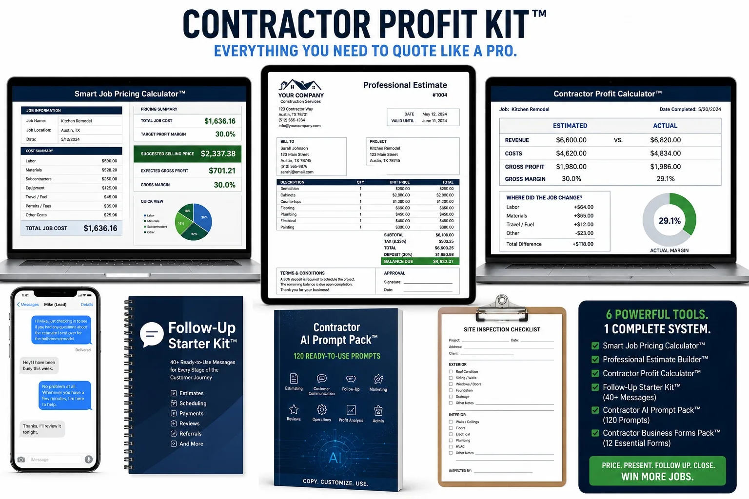 Contractor Profit Kit product ecosystem: pricing calculator, estimate builder, profit calculator, follow-up kit, AI prompt pack and business forms pack